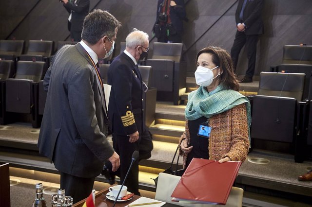 La ministra de Defensa, Margarita Robles, durante la reunión en Bruselas de ministros de Defensa de la OTAN
