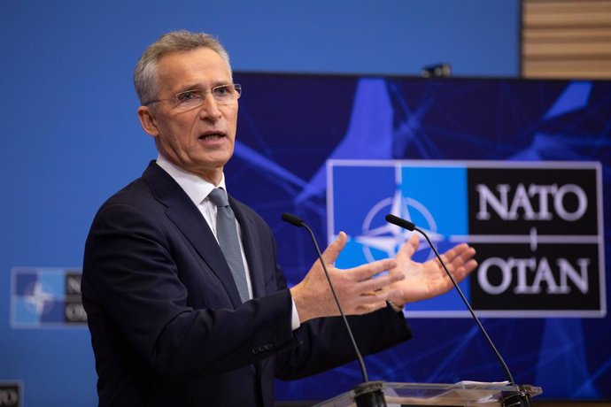 HANDOUT - 15 February 2022, Belgium, Brussels: NATO Secretary General Jens Stoltenberg speaks during a press conference ahead of the NATO Defence Ministers meeting in Brussels. Photo: -/NATO/dpa - ATTENTION: editorial use only and only if the credit men