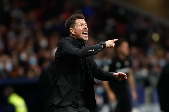 Diego Pablo Simeone, coach of Atletico de Madrid, gestures during the Spanish League, La Liga Santander, football match played between Atletico de Madrid and Levante UD at Wanda Metropolitano stadium on February 16, 2022, in Madrid, Spain.