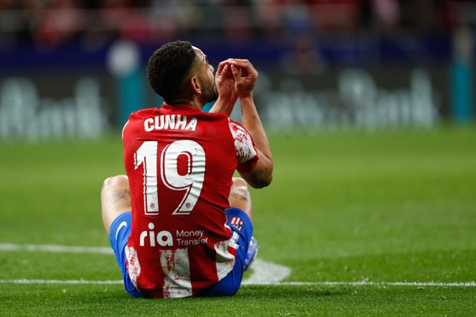 Matheus Cunha of Atletico de Madrid laments during the Spanish League, La Liga Santander, football match played between Atletico de Madrid and Levante UD at Wanda Metropolitano stadium on February 16, 2022, in Madrid, Spain.