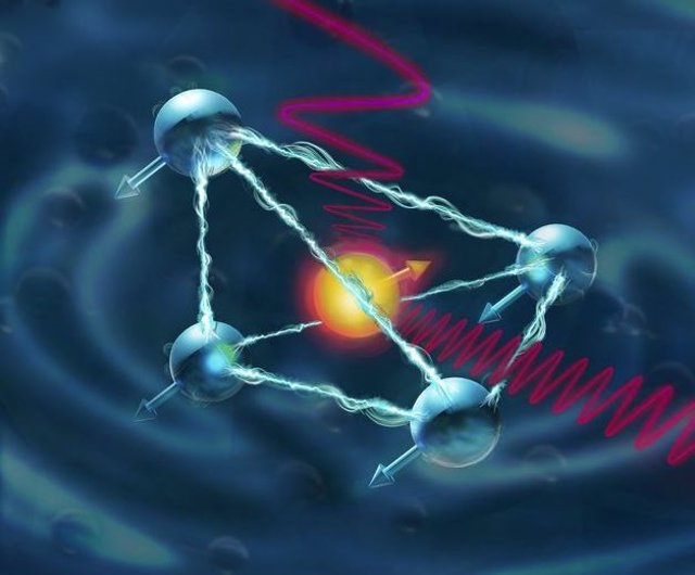 La ilustración del artista representa el giro cuántico de un ion de iterbio con el cristal de ortovanadato de itrio que lo rodea.