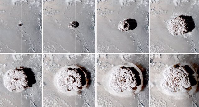Evolución de la columna del volcán de Tonga el 15 de enero de 2022