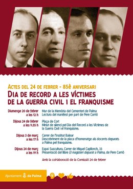Cartel del homenaje del Ayuntamiento de Palma al alcalde Darder ya los maestros depurados a partir de la Guerra Civil.