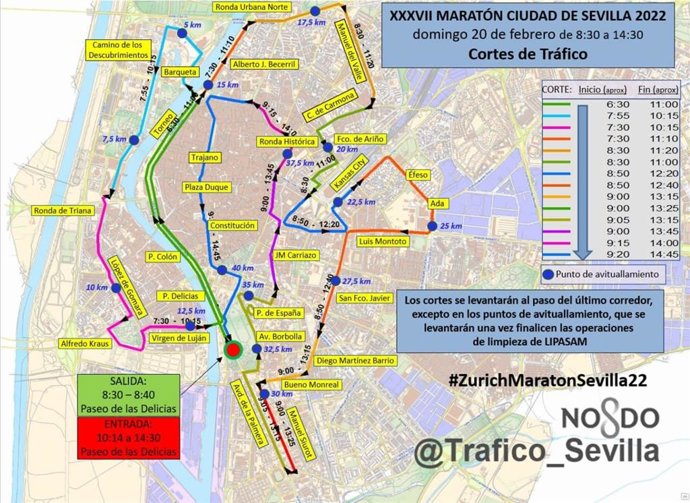 Mapa elaborado por el Ayuntamiento de Sevilla para informar de los cortes de tráfico con motivo de la Maratón de este domingo 20 de febrero.