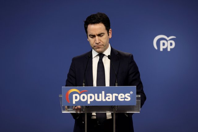 El secretario general del Partido Popular, Teodoro García Egea, en una rueda de prensa en la sede nacional del PP, a 17 de febrero de 2022, en Madrid (España).