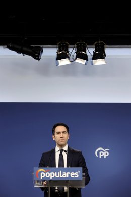 El secretario general del Partido Popular, Teodoro García Egea, en una rueda de prensa en la sede nacional del PP, a 17 de febrero de 2022, en Madrid (España). 