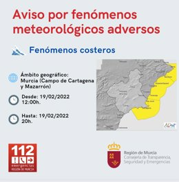 Activan el aviso amarillo por fenómenos costeros para este sábado en el litoral del Campo de Cartagena y Mazarrón