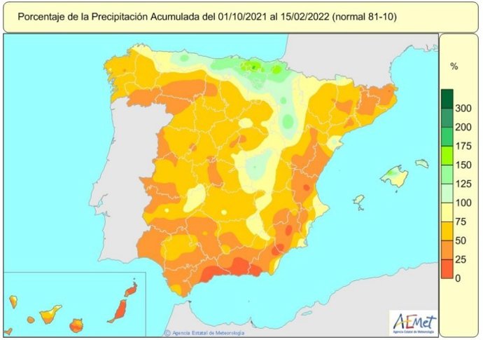 Las lluvias acumuladas en España desde el 1 de octubre de 2021 al 15 de febrero de 2022 están un 39% por debajo de su valor normal.