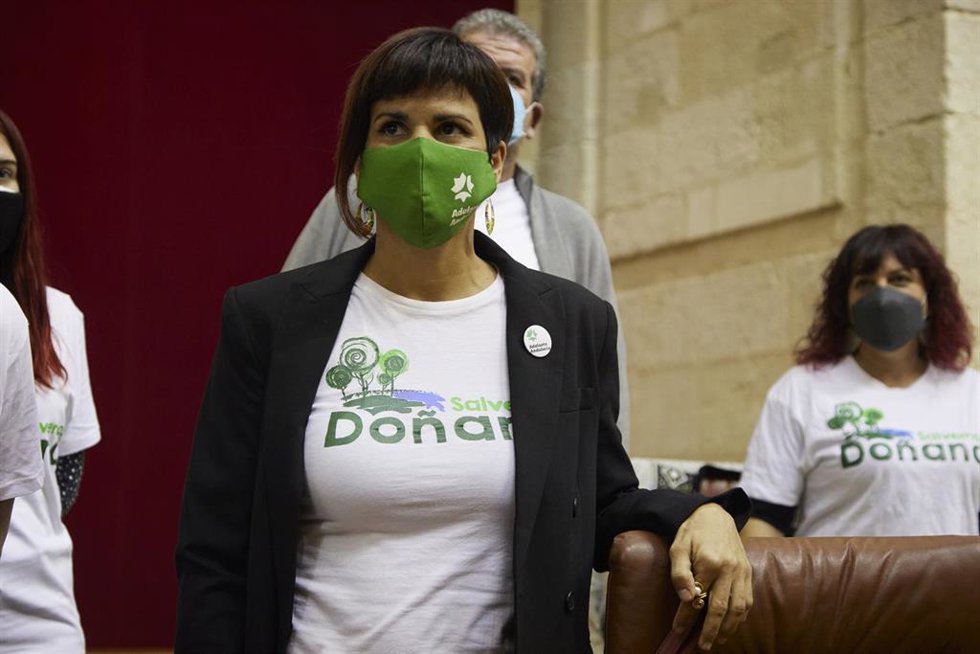 La diputada no adscrita, Teresa Rodríguez, porta una camiseta para salvar el Parque Nacional de Doñana durante la Sesión Plenaria Ordinaria en el Parlamento de Andalucía, a 9 de febrero de 2022 en Sevilla (Andalucía, España)