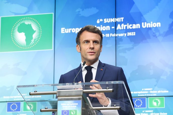 18 February 2022, Belgium, Brussels: French President Emmanuel Macron speaks during a press conference at the conclusion of the European Union-African Union summit at the European Council headquarters in Brussels. Photo: Dario Pignatelli/European Counci
