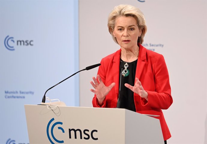 19 February 2022, Bavaria, Munich: Ursula von der Leyen, President of the European Commission, delivers a speech during the second day of the Munich Security Conference. Photo: Tobias Hase/dpa