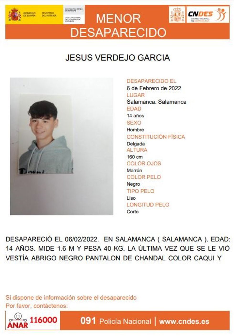 Menor desaparecido en Salamanca