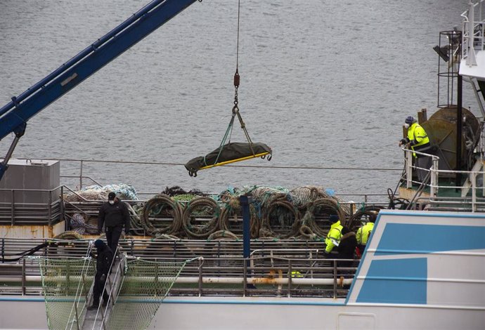 Operarios bajan con la ayuda de una grúa a uno de las personas fallecidas en el naufragio del buque gallego a su llegada al Puerto de San Juan de Terranova, en Canadá