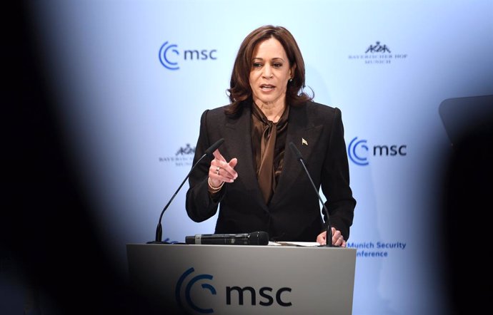19 February 2022, Bavaria, Munich: Kamala Harris, Vice President of the United States, speaks during the second day of the Munich Security Conference. Photo: Tobias Hase/dpa