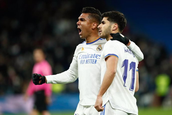 Marco Asensio of Real Madrid celebrates a goal with teammates during the Spanish League, La Liga Santander, football match played between Real Madrid and Deportivo Alaves at Santiago Bernabeu stadium on February 19, 2022, in Madrid, Spain.
