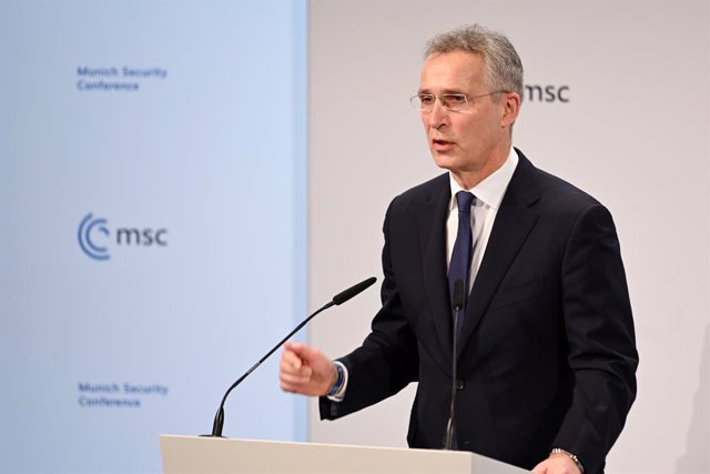 19 February 2022, Bavaria, Munich: NATO Secretary General Jens Stoltenberg delivers a speech during the second day of the Munich Security Conference. Photo: Tobias Hase/dpa