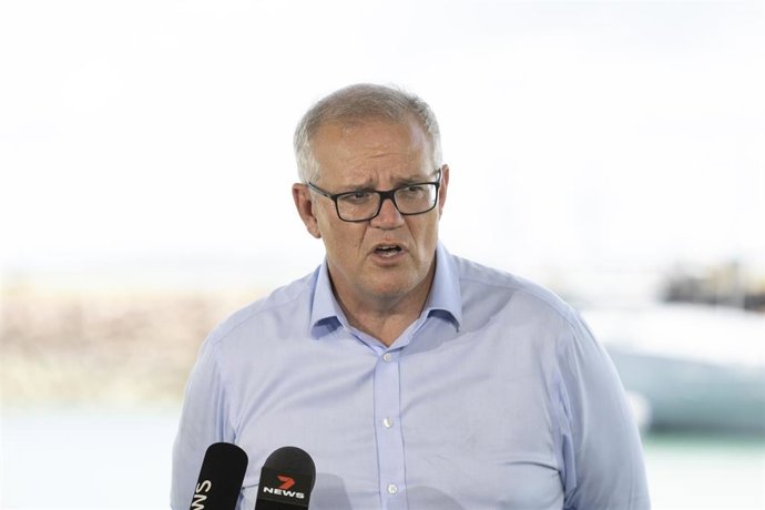 Australian Prime Minister Scott Morrison speaks to the media during a press conference at Larrakeyah Defence Precinct in Darwin, Friday, February 18, 2022. (AAP Image/George Fragopoulos) NO ARCHIVING