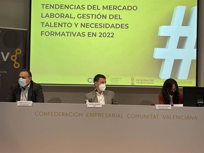 La Confederación Empresarial de la Comunitat Valenciana (CEV) ha presentado este lunes el 'Estudio de Tendencias del Mercado Laboral y el Empleo, Gestión de Talento y Necesidades de formación en la Comunitat Valenciana 2022 en el contexto Post Covid-19',
