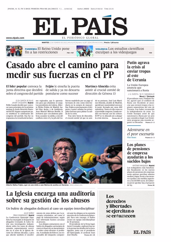 Portadas de los periódicos del martes 22 de febrero