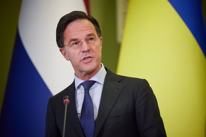 HANDOUT - 02 February 2022, Ukraine, Kiev: Dutch Prime Minister Mark Rutte speaks during a joint press conference with Ukrainian President Volodymyr Zelensky, following their meeting amid rising tensions with Russia. Photo: -/Ukrainian Presidency/dpa - 