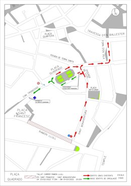 Mapa con la reordenación de tráfico que se producirá desde este miércoles con motivo de las obras de ampliación de las aceras de la calle Ramon Llull.