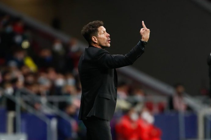 Diego Pablo Simeone, coach of Atletico de Madrid, gestures during the Spanish League, La Liga Santander, football match played between Atletico de Madrid and Levante UD at Wanda Metropolitano stadium on February 16, 2022, in Madrid, Spain.