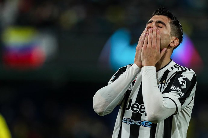 Alvaro Morata of Juventus laments during the UEFA Champions League, round of 16, football match played between Villarreal CF and Juventus De Turin at the Ceramica Stadium on February 22, 2022, in Castellon, Spain.