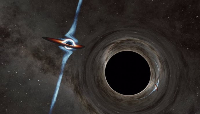 Ilustración de los dos agujeros negros supermasivos candidatos en el corazón del cuásar PKS 2131-021. En esta vista del sistema, se puede ver la gravedad del agujero negro en primer plano (derecha) torciendo y distorsionando la luz de su compañero.