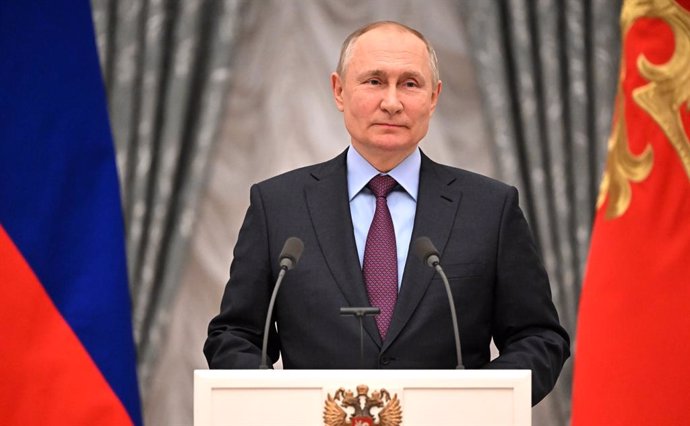 HANDOUT - 22 February 2022, Russia, Moscow: Russian President Vladimir Putin speaks during a press conference at the Kremlin, regarding the recognizing of the Donetsk and Luhansk People's Republics. Photo: -/Kremlin/dpa - ATTENTION: editorial use only a