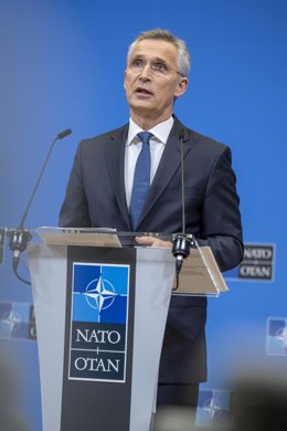 HANDOUT - 22 February 2022, Belgium, Brussels: NATO Secretary General Jens Stoltenberg speaks during a press conference following an extraordinary meeting of the NATO-Ukraine Commission. Photo: -/NATO/dpa - ATTENTION: editorial use only and only if the cr