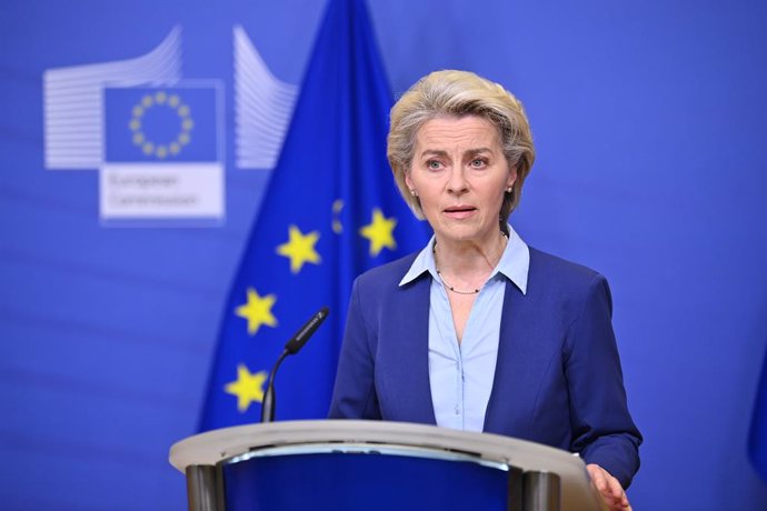 HANDOUT - 22 February 2022, Belgium, Brussels: European Commission President Ursula von der Leyen speaks during a press conference on the EU's response to the Russian aggression against Ukraine. Photo: Christophe Licoppe/European Commission /dpa - ATTEN