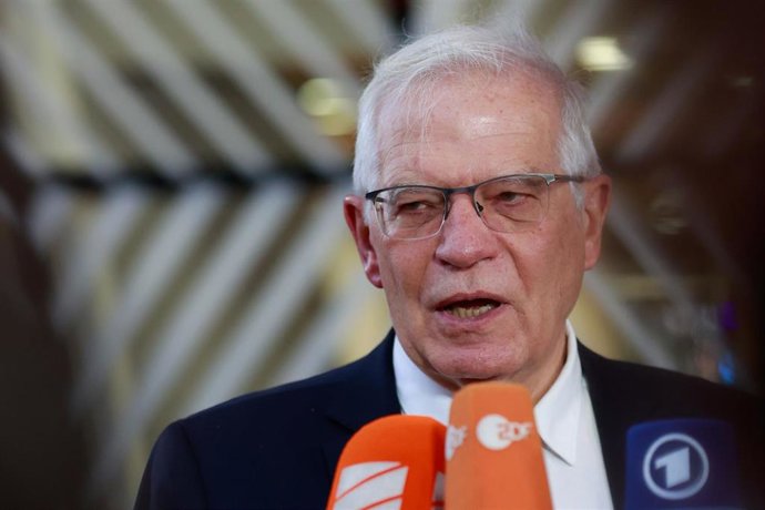 HANDOUT - 21 February 2022, Belgium, Brussels: Josep Borrell, EU High Representative for Foreign Affairs and Security Policy, speaks to the media before the EU Foreign Ministers meeting. Photo: Mario Salerno/European Council/dpa - ATTENTION: editorial u