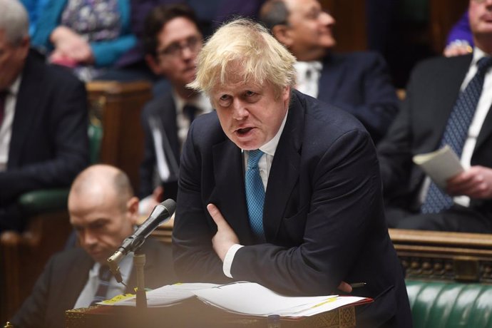 HANDOUT - 23 February 2022, United Kingdom, London: UK Prime Minister Boris Johnson speaks during Prime Minister's Questions in the House of Commons. Photo: Jessica Taylor/Uk Parliament via PA Media/dpa - ATTENTION: editorial use only and only if the cr