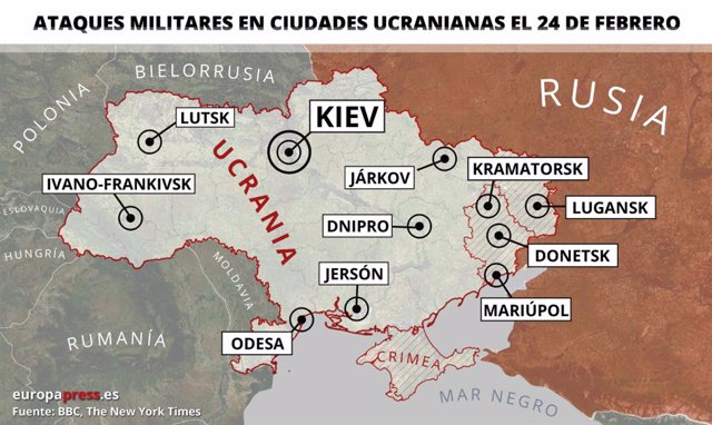 Mapa de les zones atacades per Rússia a Ucraïna