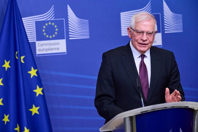 HANDOUT - 24 February 2022, Belgium, Brussels: EU High Representative for Foreign Affairs and Security Policy Josep Borrell speaks at a press conference on Russia's aggression against Ukraine. Photo: Dati Bendo/European Commission/dpa - ATTENTION: editori