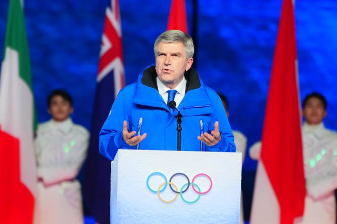 20 February 2022, China, Beijing: Thomas Bach, President of the International Olympic Committee (IOC), delivers a speech during the closing ceremony of the Beijing 2022 Winter Olympic Games at the Bird's Nest National Stadium. Photo: Michael Kappeler/dpa