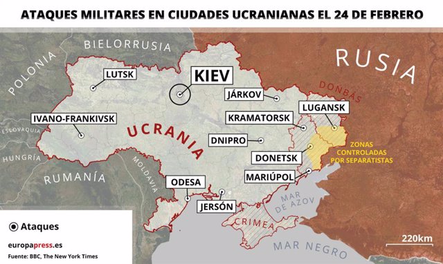 Mapa con ciudades de Ucrania atacadas el 24 de febrero de 2022. Varias explosiones han sacudido distintas ciudades de Ucrania, tropas rusas han desembarcado en Odesa y se han producido bombardeos de artillería en la frontera tras el anuncio por parte del 