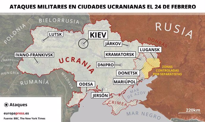 Mapa con ciudades de Ucrania atacadas el 24 de febrero de 2022. Varias explosiones han sacudido distintas ciudades de Ucrania, tropas rusas han desembarcado en Odesa y se han producido bombardeos de artillería en la frontera tras el anuncio por parte de