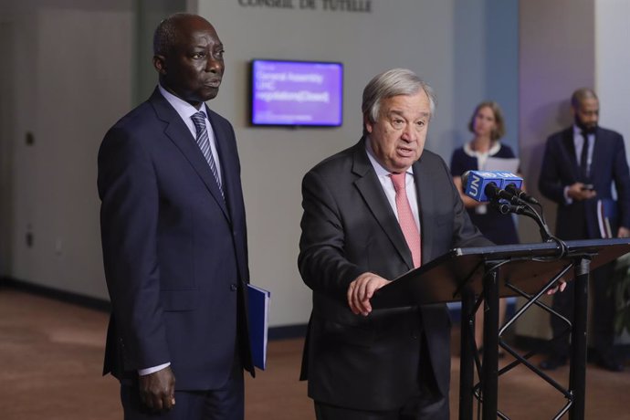 Archivo - 18 June 2019, US, New York: UNSecretary-General Antonio Guterres speaks during a press conference with Adama Dieng, Special Adviser on the Prevention of Genocide, following the launch of the United Nations Strategy and Plan of Action on Hate 