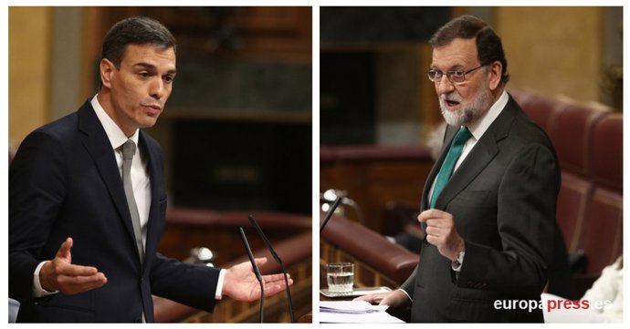 Archivo - Montaje de Rajoy y Sánchez durante el debate de la moción de censura en mayo de 2018