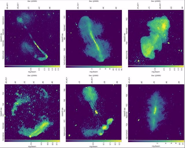 Imágenes LoTSS-DR2 de una selección de fuentes altamente resueltas con la escala de color, los contornos y el tamaño de imagen elegidos para fines de visualización.