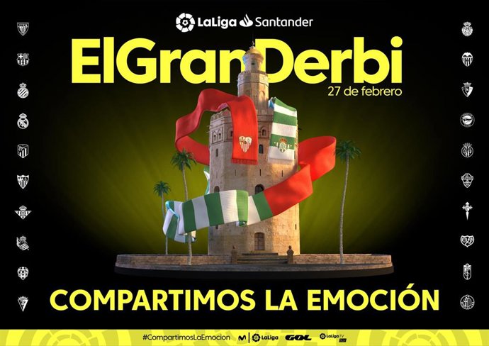 Creatividad sobre 'ElGranDerbi' de Sevilla, con la Torre del Oro con una gran bufanda de Real Betis y Sevilla FC
