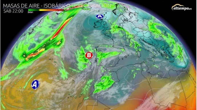 Previsión de masas de aire para el sábado noche, 26 de febrero de 2022