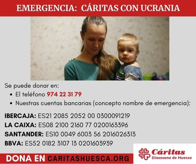 Cáritas Huesca se suma a la campaña de emergencia con motivo de la crisis de Ucrania.