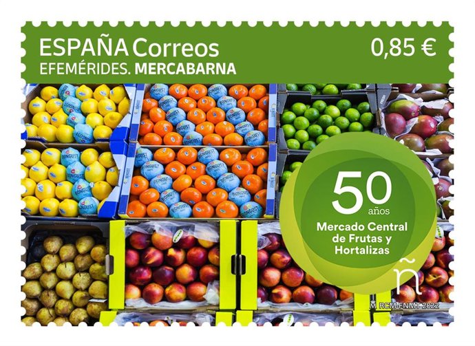 Sello que conmemora los 50 años del traslado del Mercado Mayorista de Frutas y Hortalizas del antiguo mercado del Born a su ubicación actual en Mercabarna.