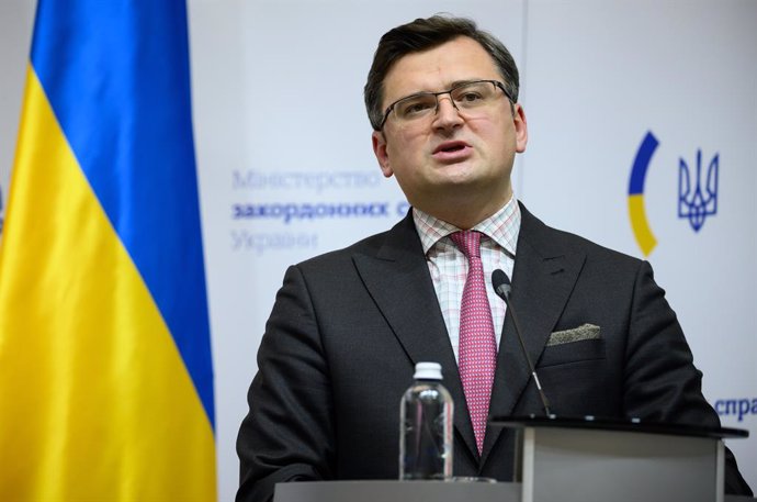 07 February 2022, Ukraine, Kiev: Foreign Minister of Ukraine Dmytro Kuleba speaks during a press conference with German Foreign Minister Annalena Baerbock (Not Pictured) after their mmeting. Photo: Bernd von Jutrczenka/dpa