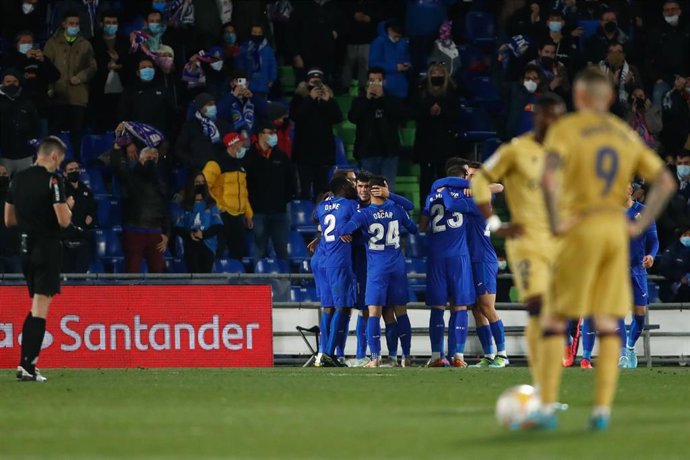 Carles Alena of Getafe celebrates a goal with teammates during the Spanish League, La Liga Santander, football match played between Getafe CF and Levante UD at Coliseum Alfonso Perez on February 04, 2022, in Getafe, Madrid, Spain.