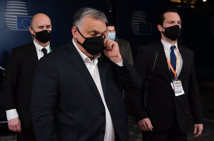 HANDOUT - 24 February 2022, Belgium, Brussels: Hungarian Prime Minister Viktor Orban arrives to attend the Special meeting of the European Council on the situation in Ukraine. Photo: Alexandros Michailidis/EU Council/dpa - ATTENTION: editorial use only 