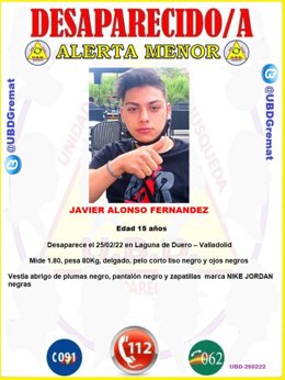 Cartel de alerta de desaparecido en Laguna de Duero (Valladolid), menor de 15 años desaparecido desde este viernes