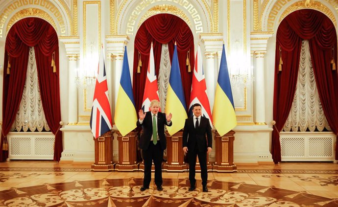 01 February 2022, Ukraine, Kiev: UKPrime Minister Boris Johnson meets with Ukrainian president Volodymyr Zelensky amid rising tensions with Russia. Photo: Peter Nicholls/PA Wire/dpa